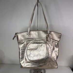 Coach Laura Gold Metallic Leather Signature Tote Bag With Charm & Zip Closure